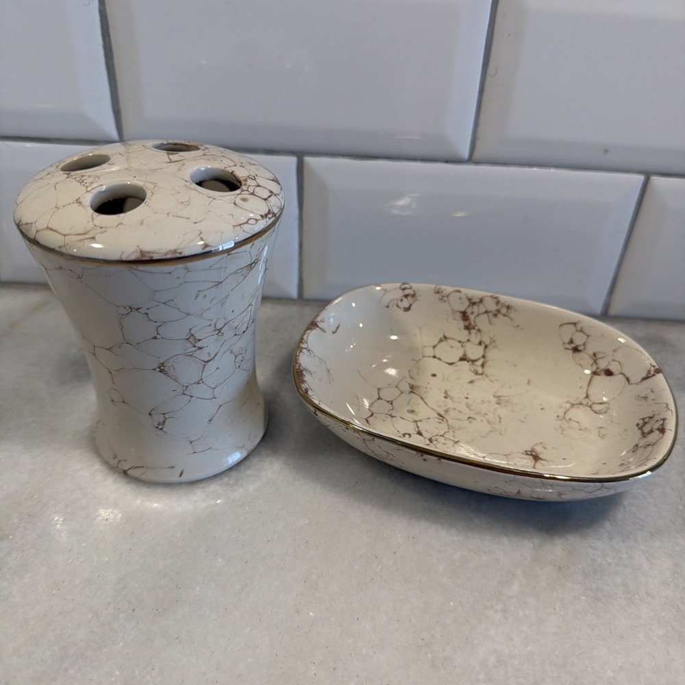 Vintage Collage Ceramic Toothbrush/soap/trinket Dish Bath Set GW992